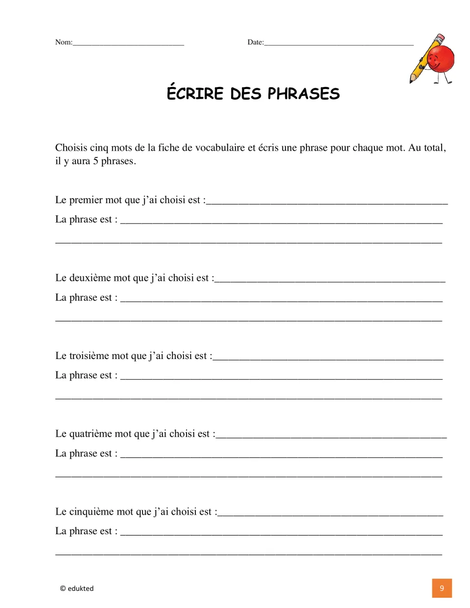 French sentence-writing activity asks students to choose five vocabulary words and write one sentence for each