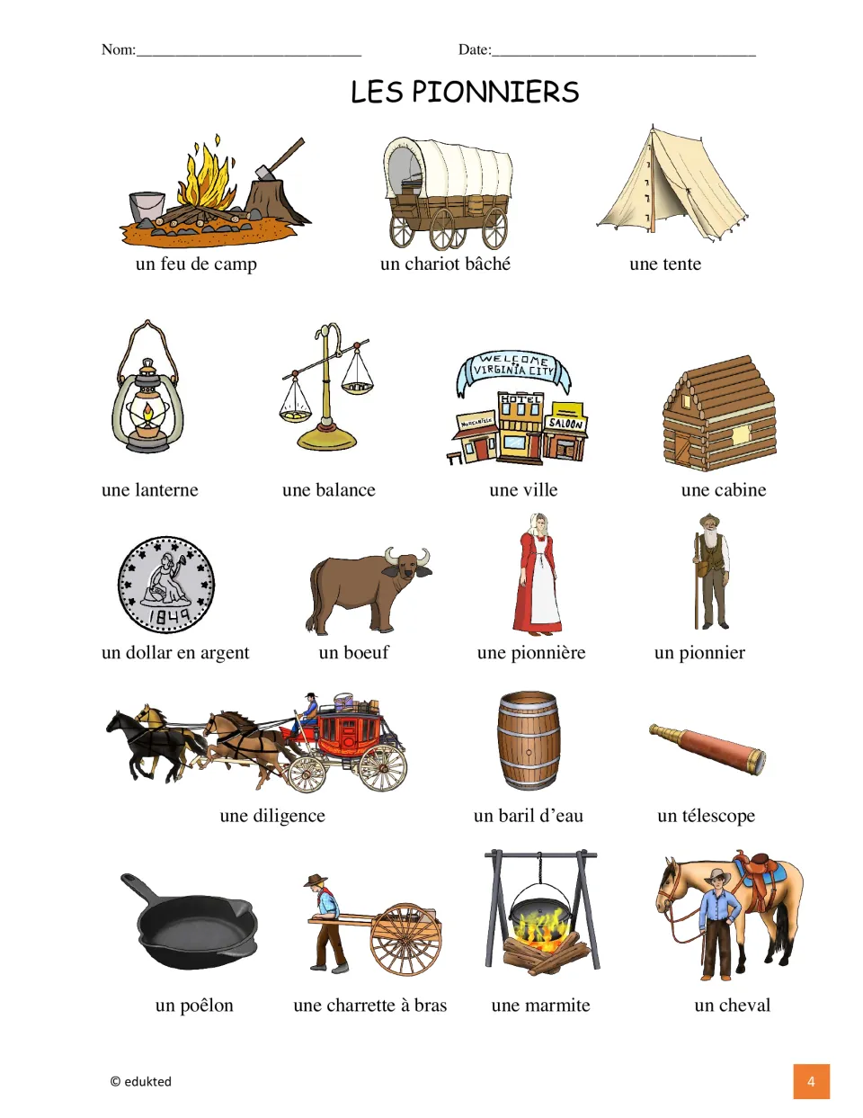 Pioneer vocabulary reference shows 18 labeled pictures, including une tente (tent) and un cheval (horse)