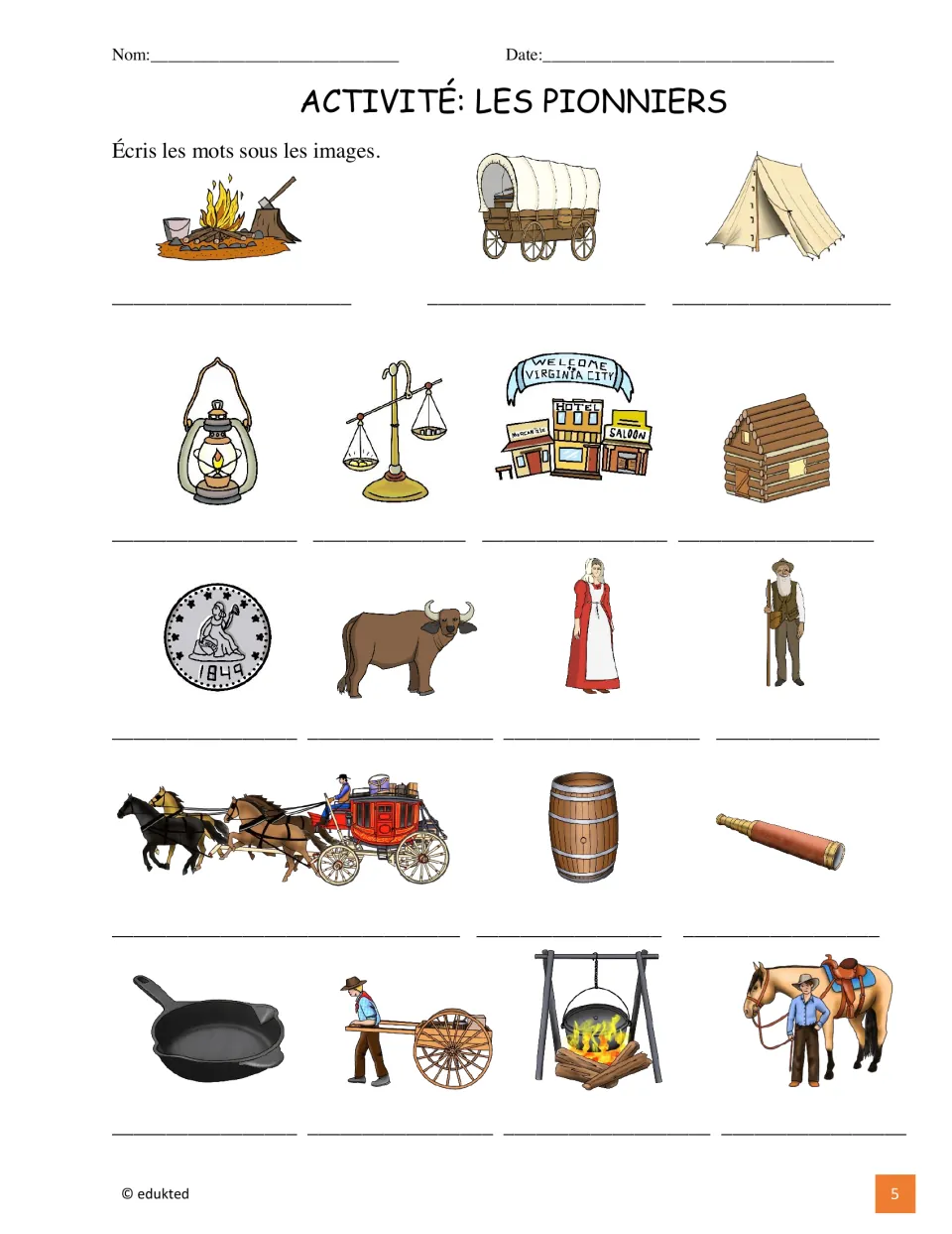Pioneer vocabulary activity asks students to label 18 pictures, including a campfire, wagon, tent, and horse