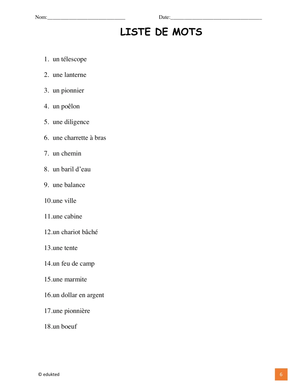 French pioneer word list has 18 entries, including un chemin (path), une cabine (cabin), and un boeuf (ox)