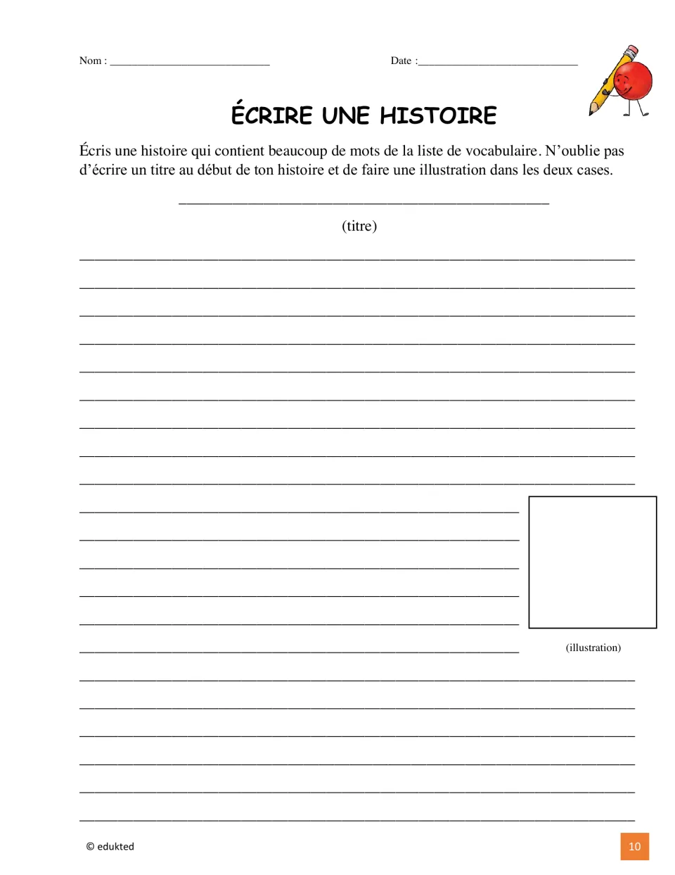 French story-writing activity asks students to use vocabulary words, add a title, and illustrate their story