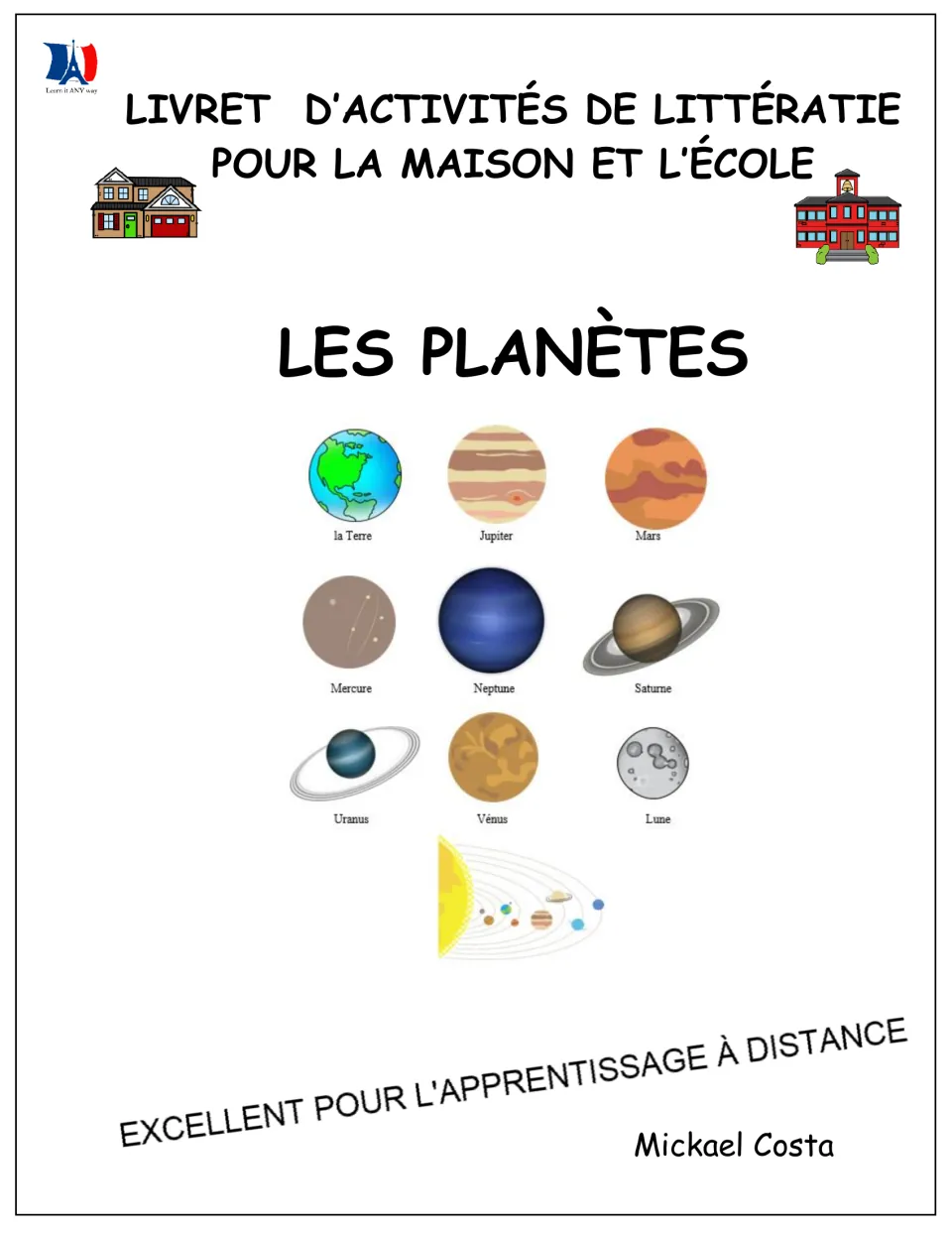 French planet literacy booklet cover identifying home and school use, with planet pictures and author Mickael Costa
