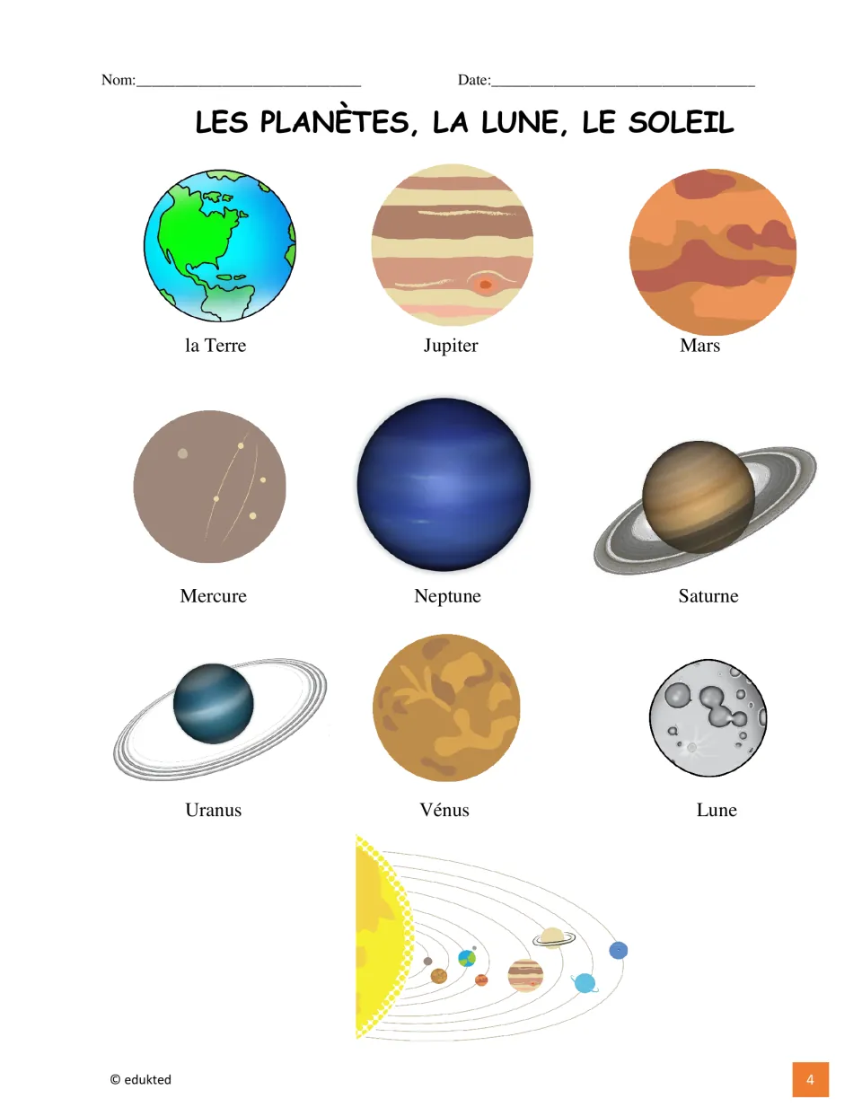 French vocabulary reference labels eight planets and Lune (Moon), with a solar system illustration below