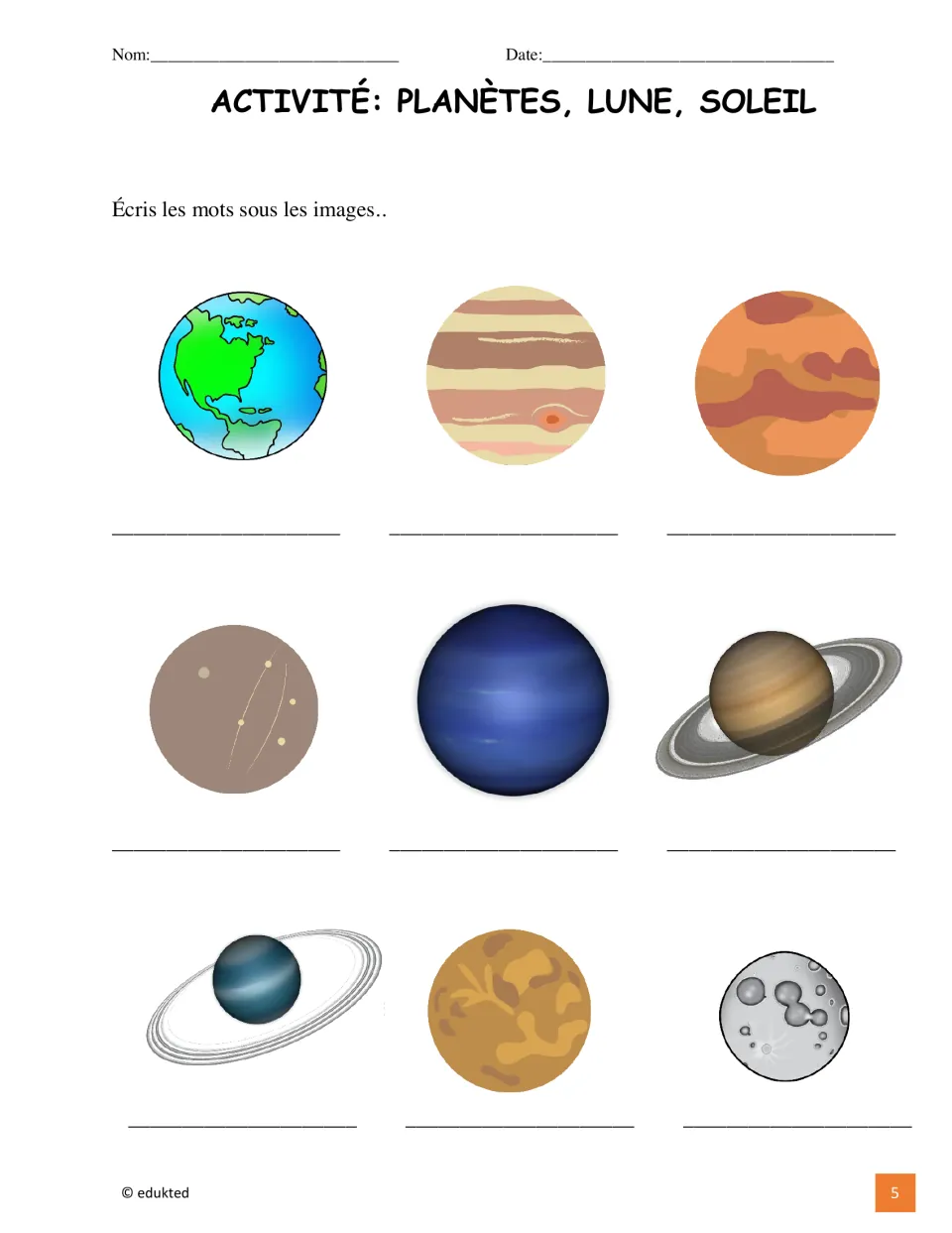 French vocabulary labeling activity asks students to write the names of eight pictured planets and the Moon
