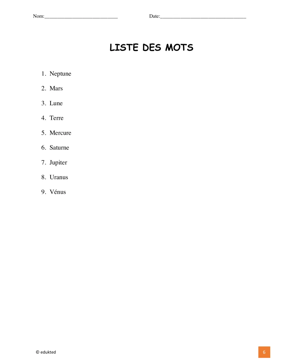 French vocabulary list includes Neptune, Mars, Lune (Moon), Terre (Earth), and five other planet names