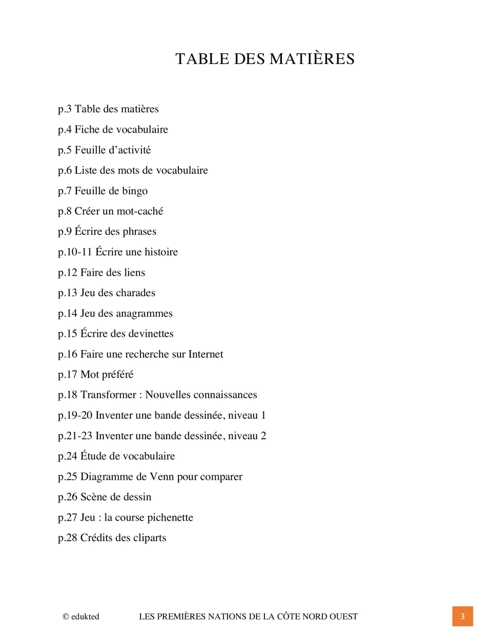 Workbook contents list vocabulary, bingo, word search creation, stories, comics, and other activities through page 28