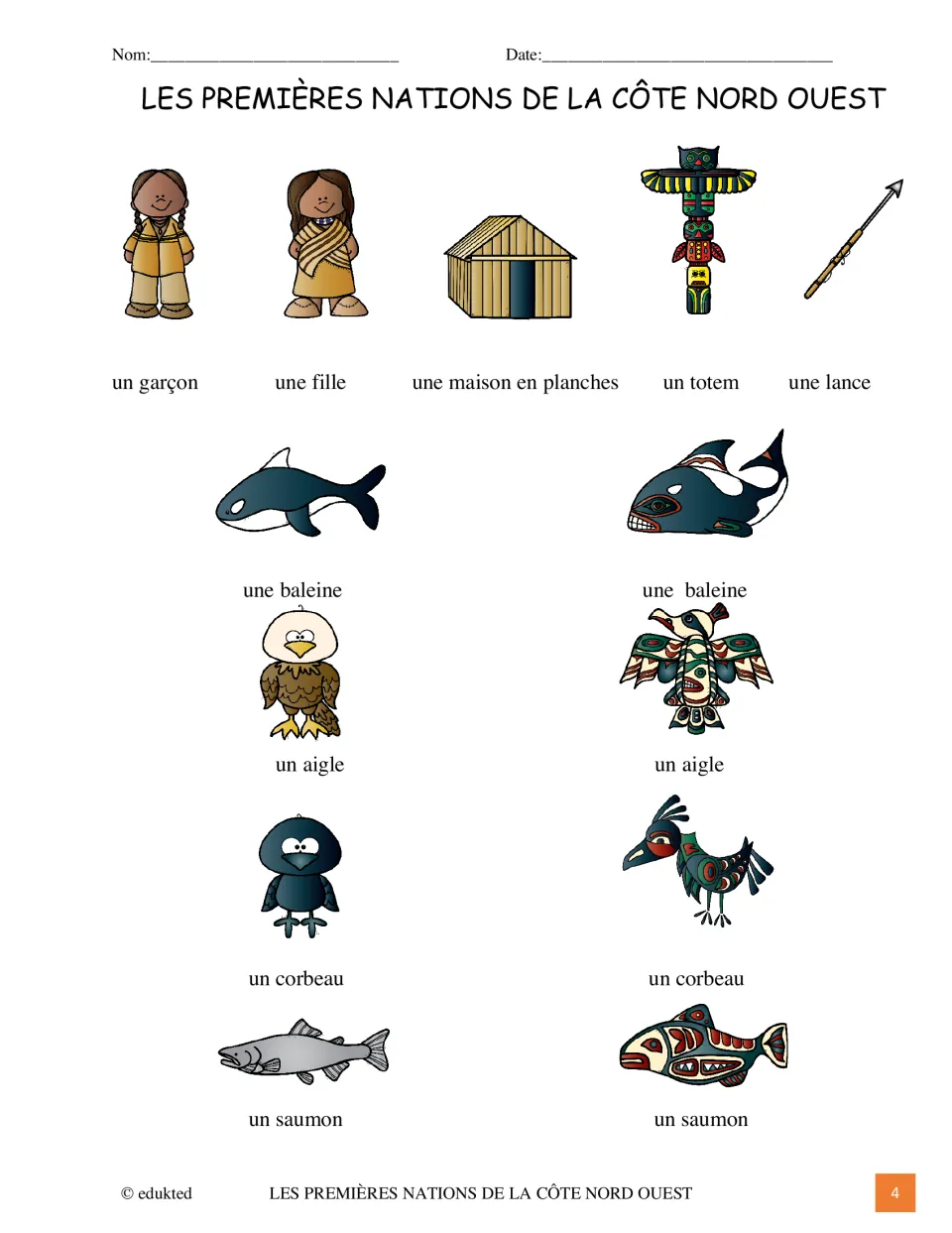 French picture vocabulary reference: une baleine (whale), un aigle (eagle), un saumon (salmon), and six more terms