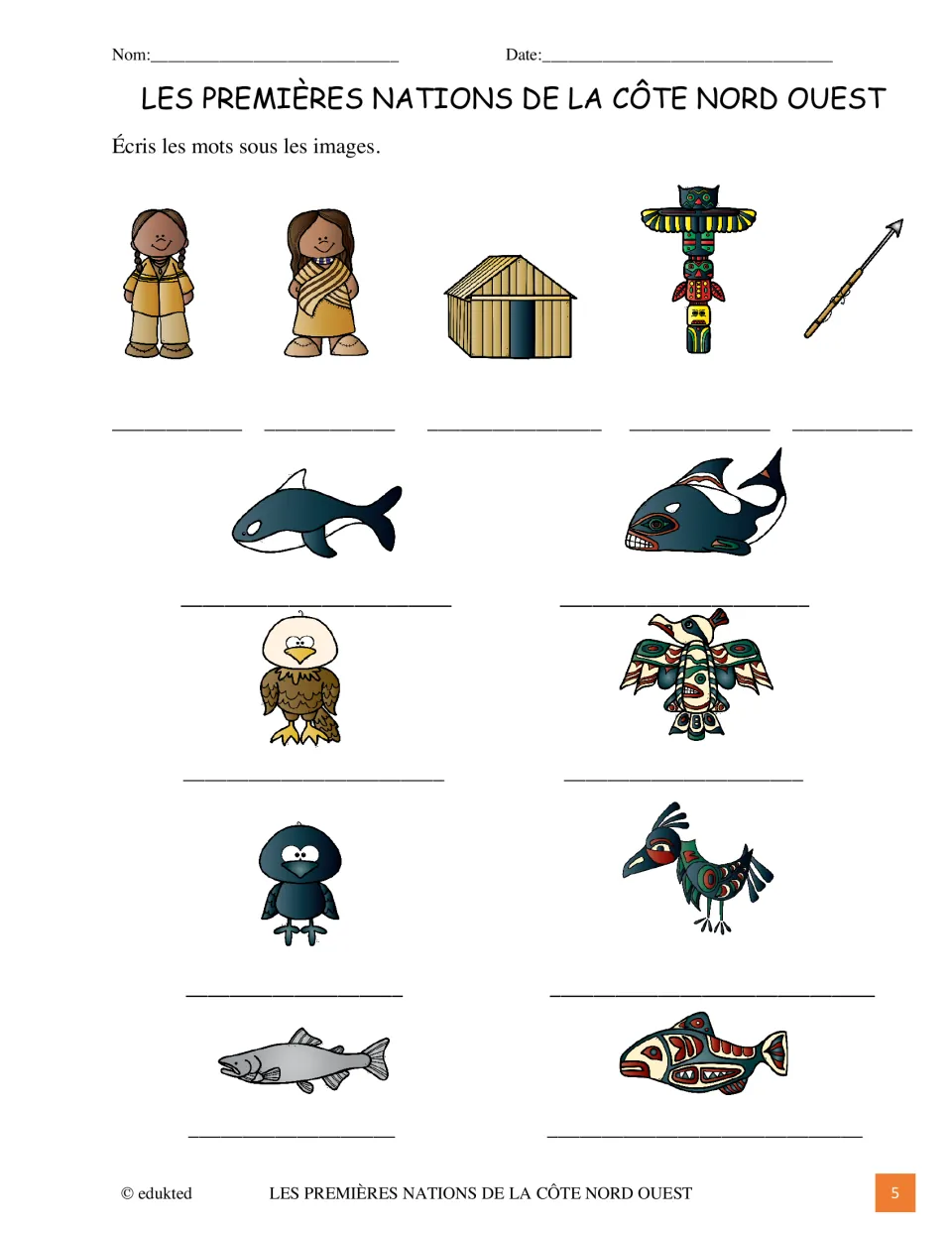 French vocabulary labeling activity asks students to name 13 pictures, including a plank house, totem, and salmon