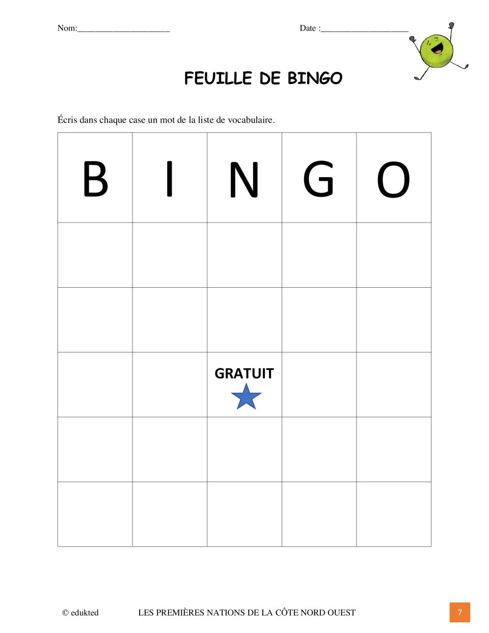 French vocabulary bingo activity asks students to fill their card with words from the workbook's vocabulary list
