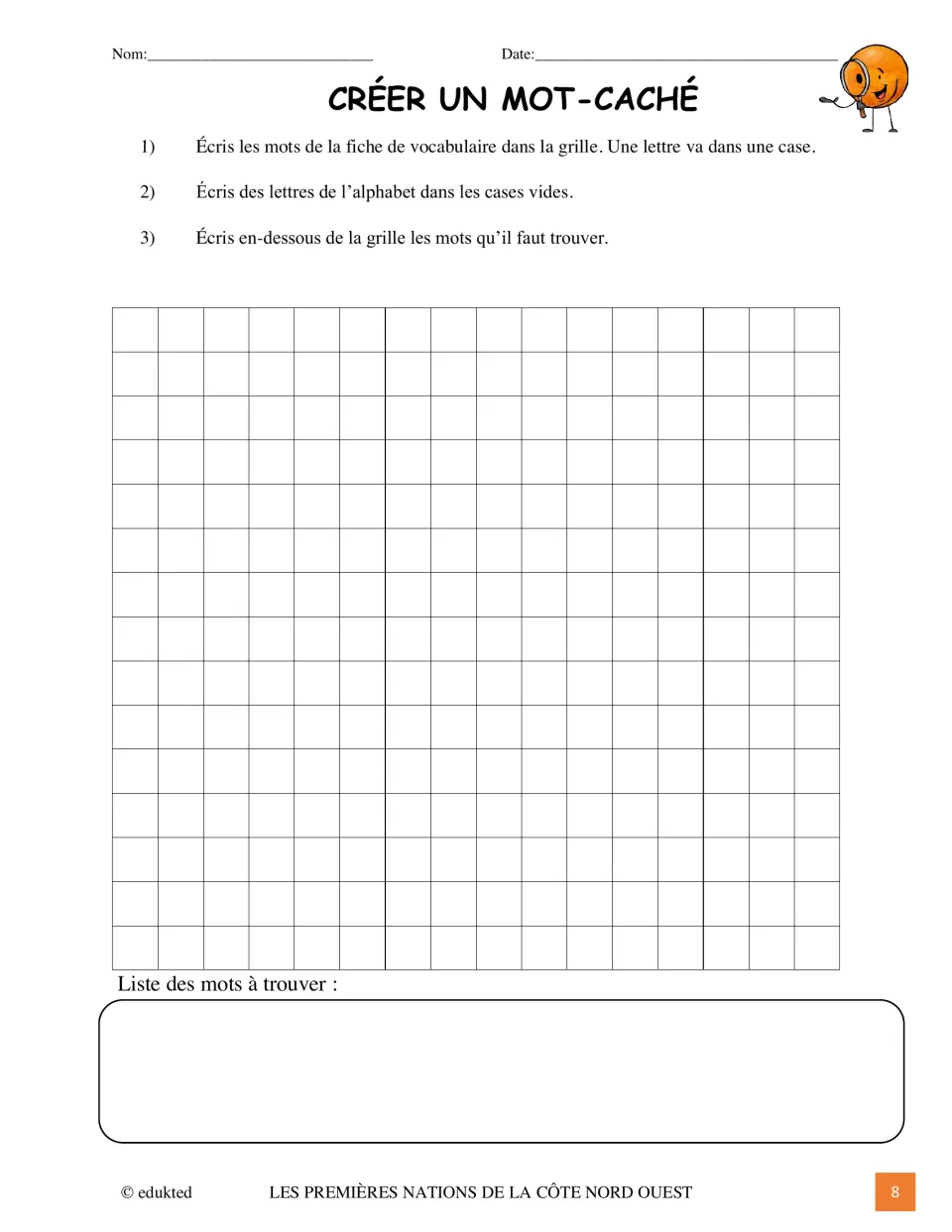 French word search creation activity asks students to place vocabulary words, add letters, and list words to find