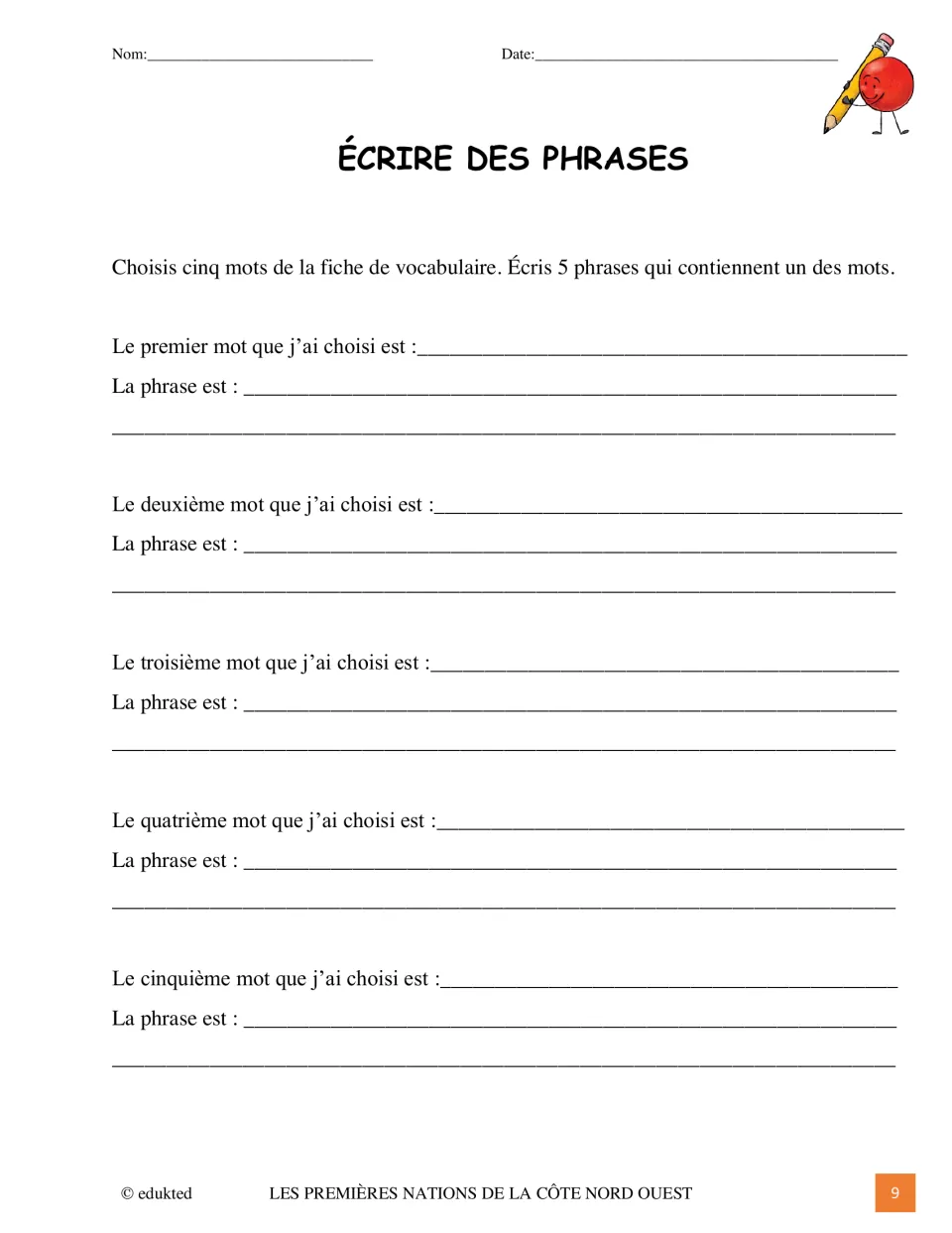 French sentence-writing activity asks students to choose five vocabulary words and write a sentence for each one