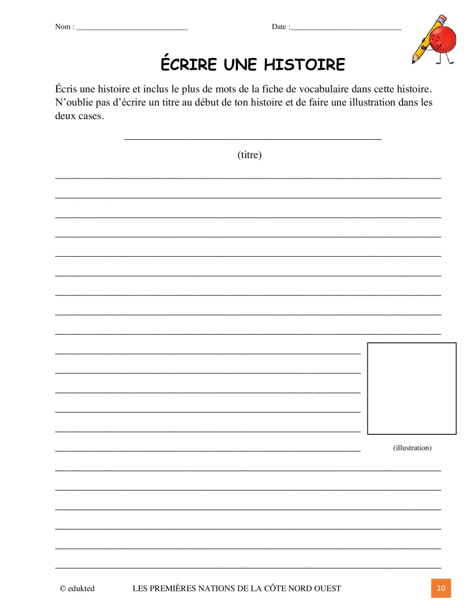 French story-writing activity asks students to use as many vocabulary words as possible, add a title, and illustrate