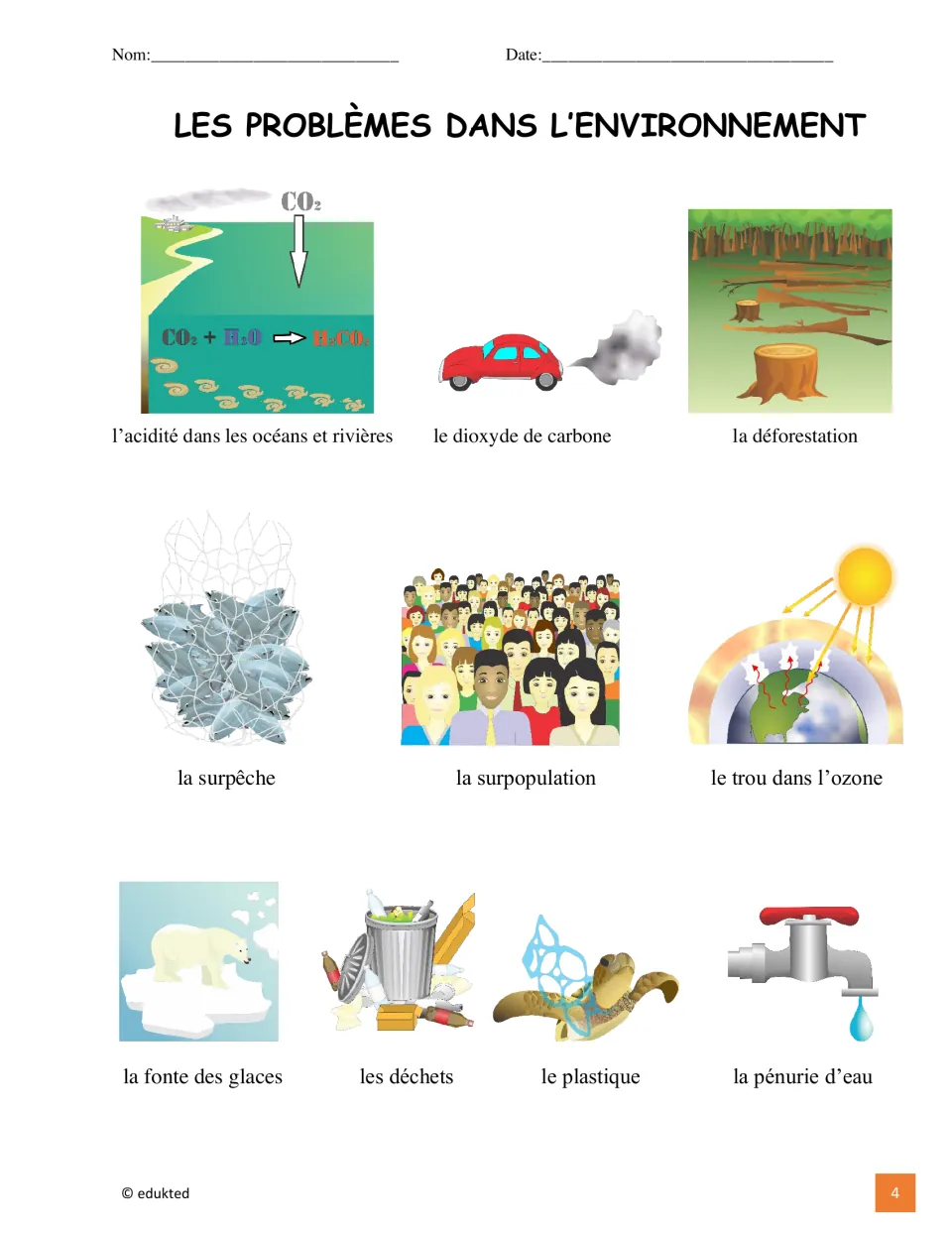 Illustrated French vocabulary reference: la déforestation (deforestation), les déchets (waste), and eight more