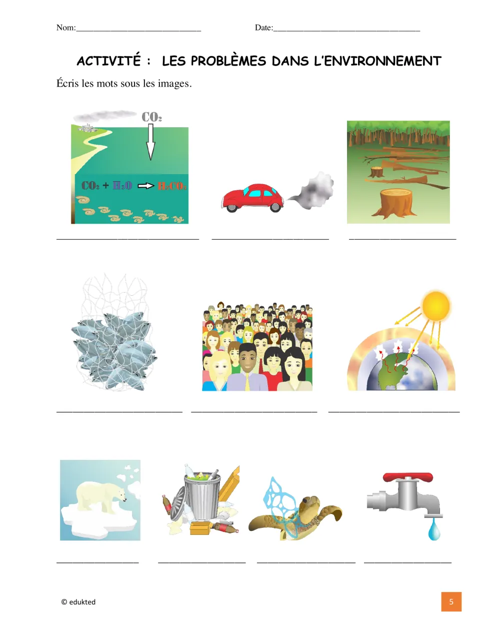 French vocabulary labeling activity asks students to name 10 environmental pictures using the reference terms