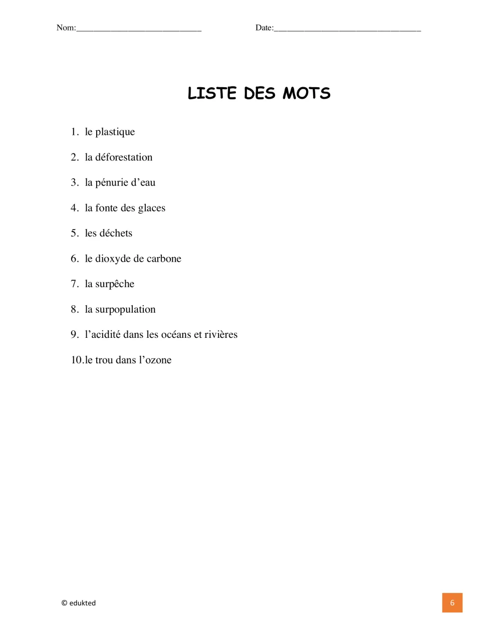French vocabulary list of 10 terms includes le plastique (plastic) and la pénurie d’eau (water scarcity)