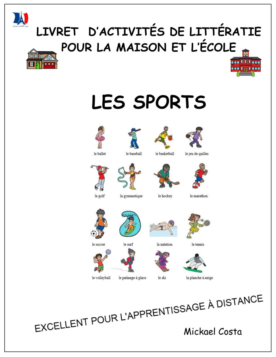 French sports literacy workbook cover for home and school, showing 16 labeled sports and author Mickael Costa
