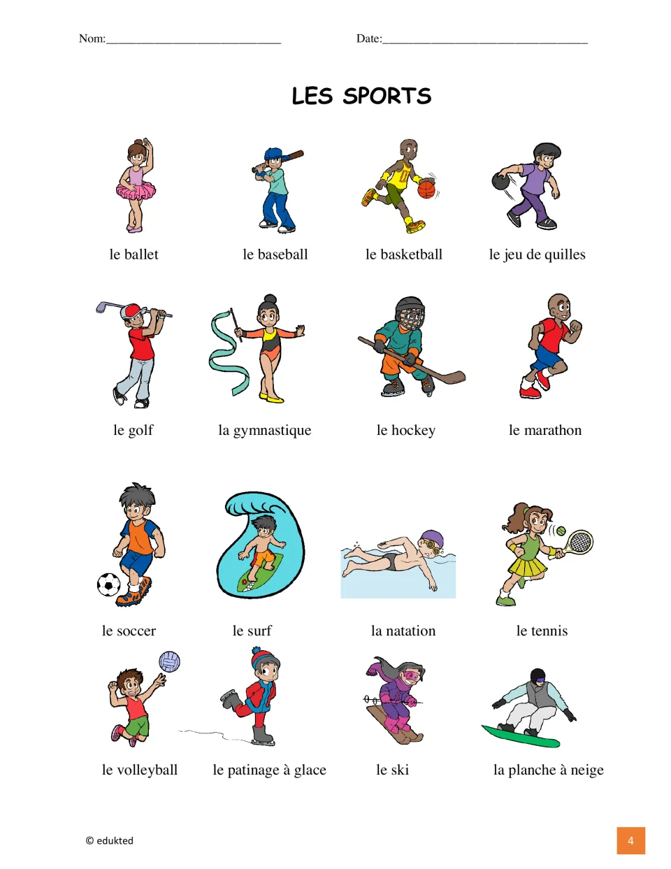 Sports vocabulary reference illustrates 16 French terms, including le ballet (ballet) and le hockey (hockey)