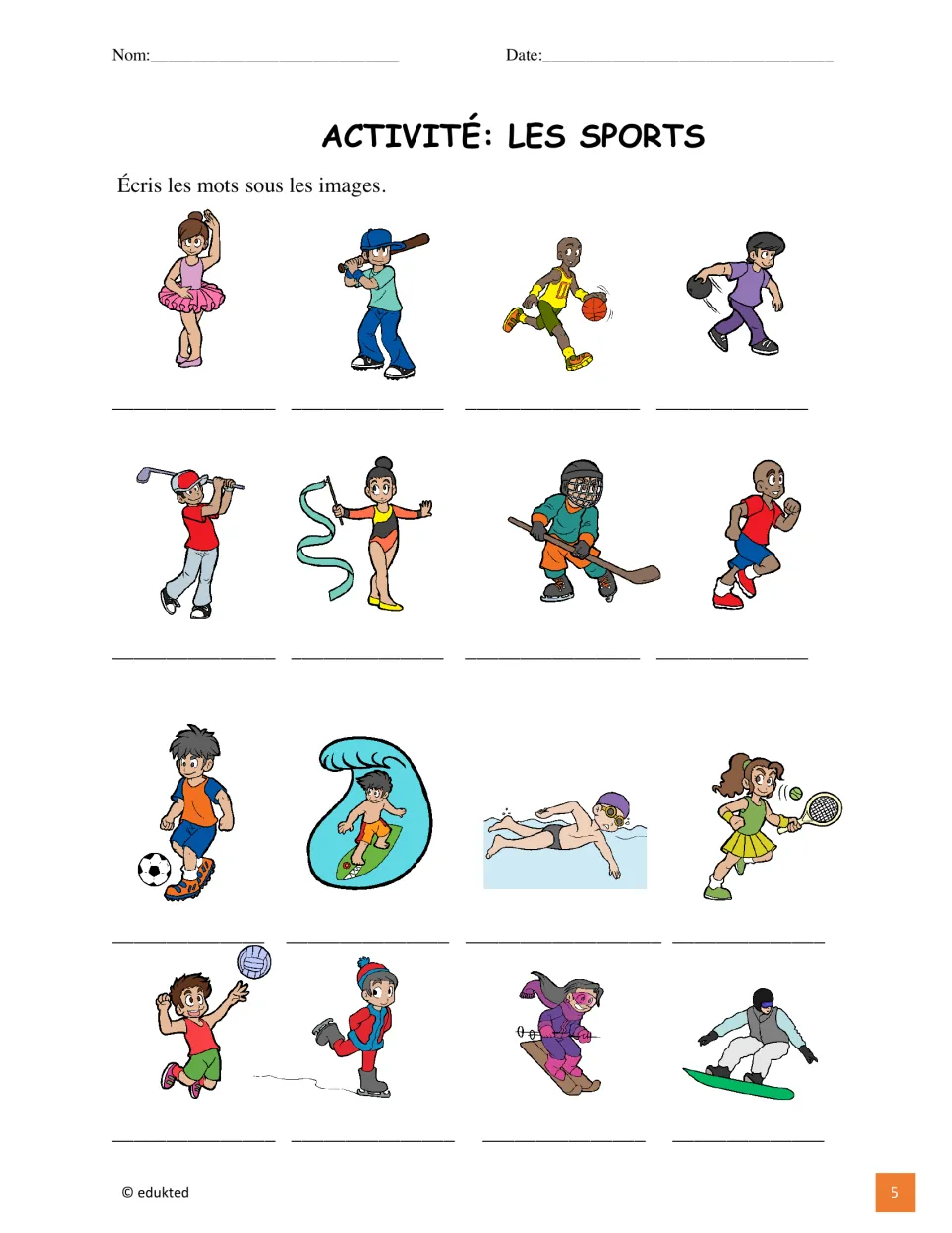 Sports picture-labeling activity asks students to write French names for the same 16 sports in the reference