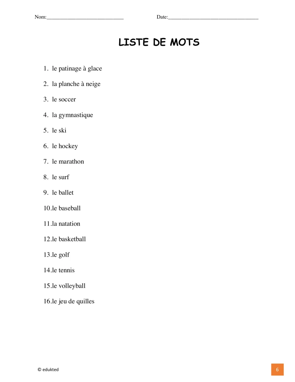Sports word list gives 16 French terms, from le patinage à glace (ice skating) to le jeu de quilles (bowling)