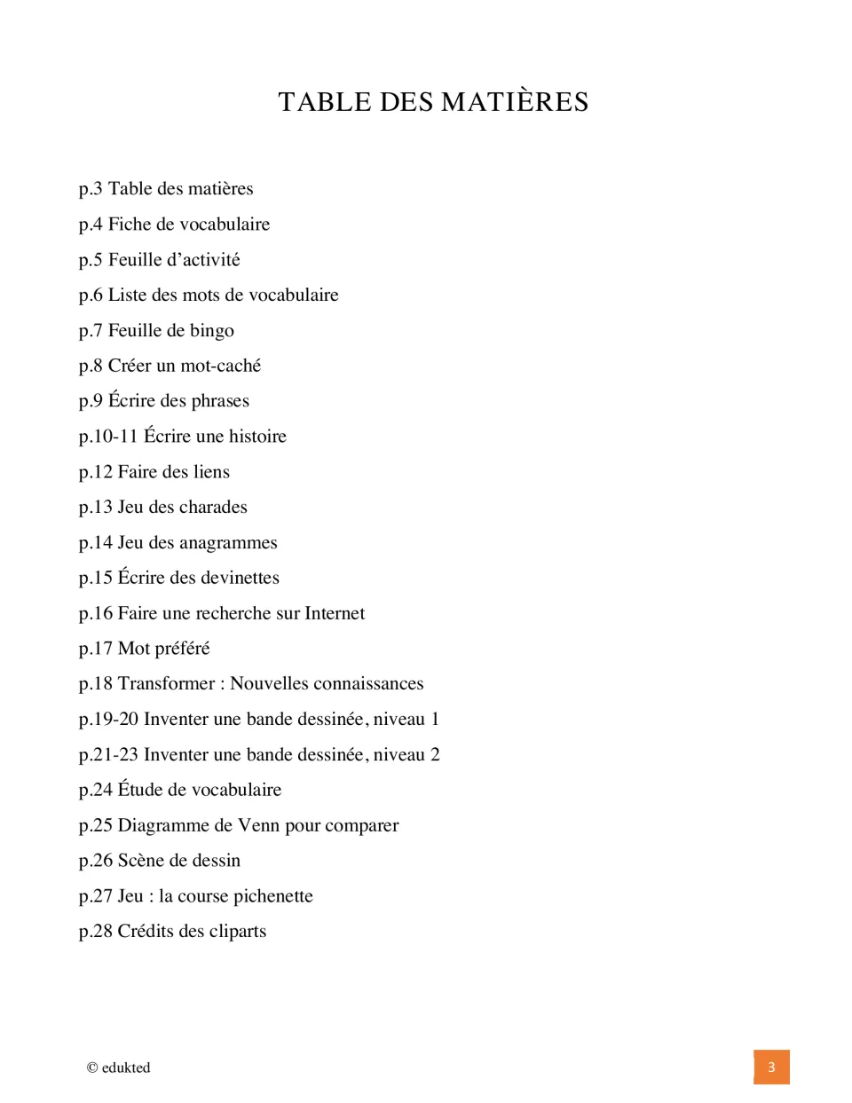 Booklet contents list vocabulary, bingo, sentence and story writing, charades, comics, and activities through page 28