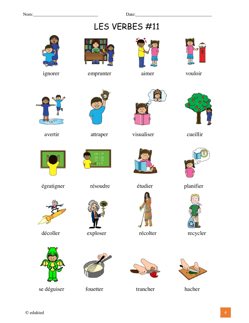 Illustrated reference for 20 French verbs, including ignorer (ignore), emprunter (borrow), and aimer (love)