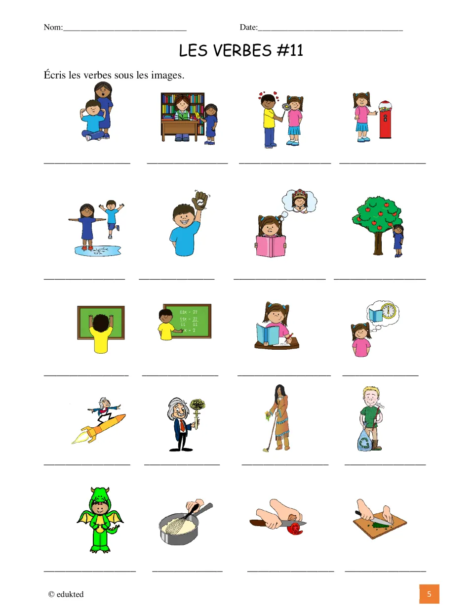 French verb labeling activity asks students to write the 20 verbs under their corresponding action pictures