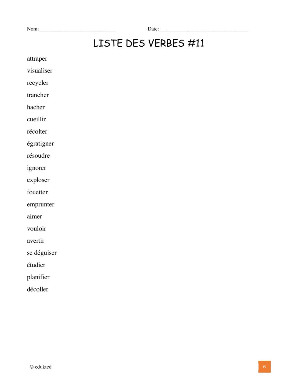 Reference list of 20 French verbs, including attraper (catch), visualiser (visualize), and recycler (recycle)