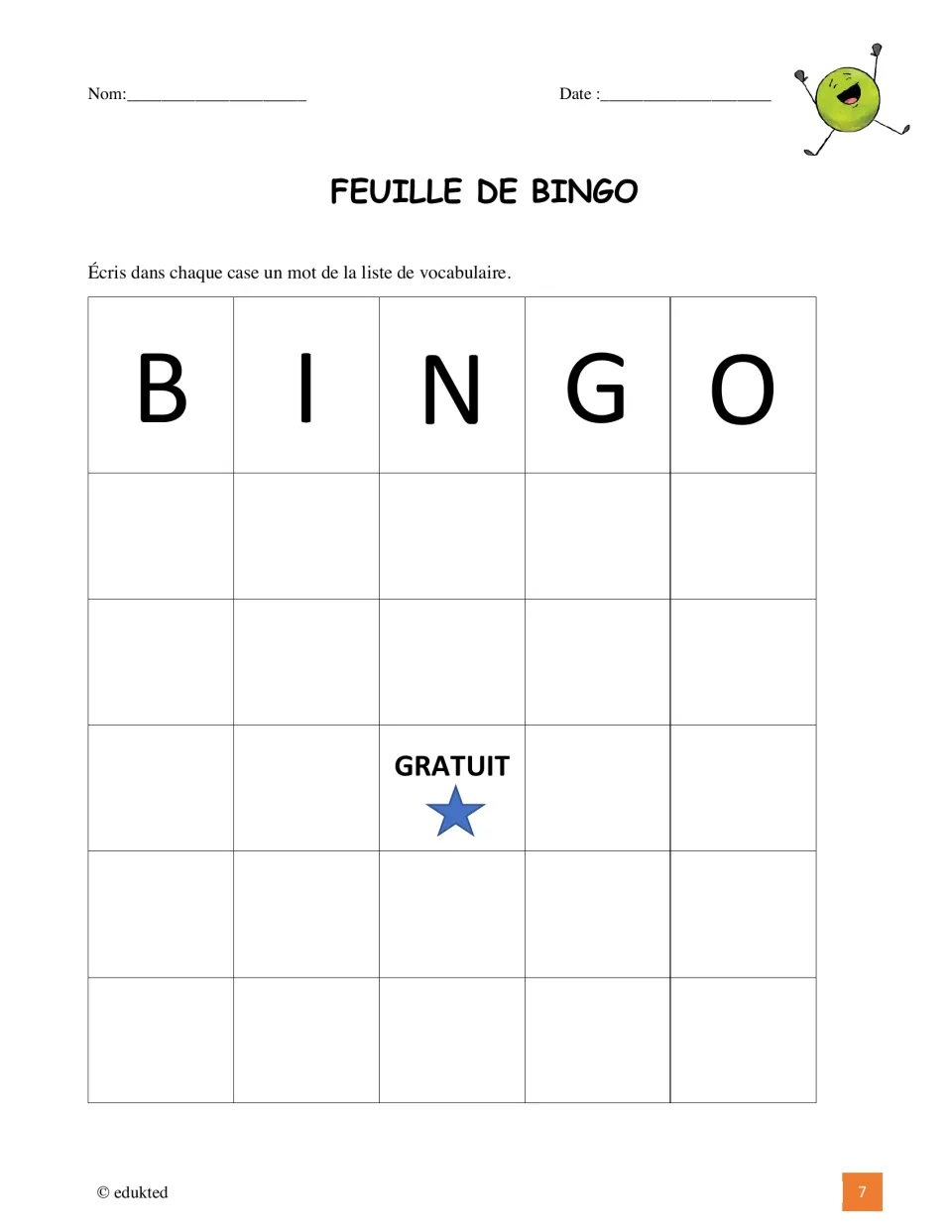 French vocabulary bingo activity asks students to fill their bingo sheet with words from the booklet's list
