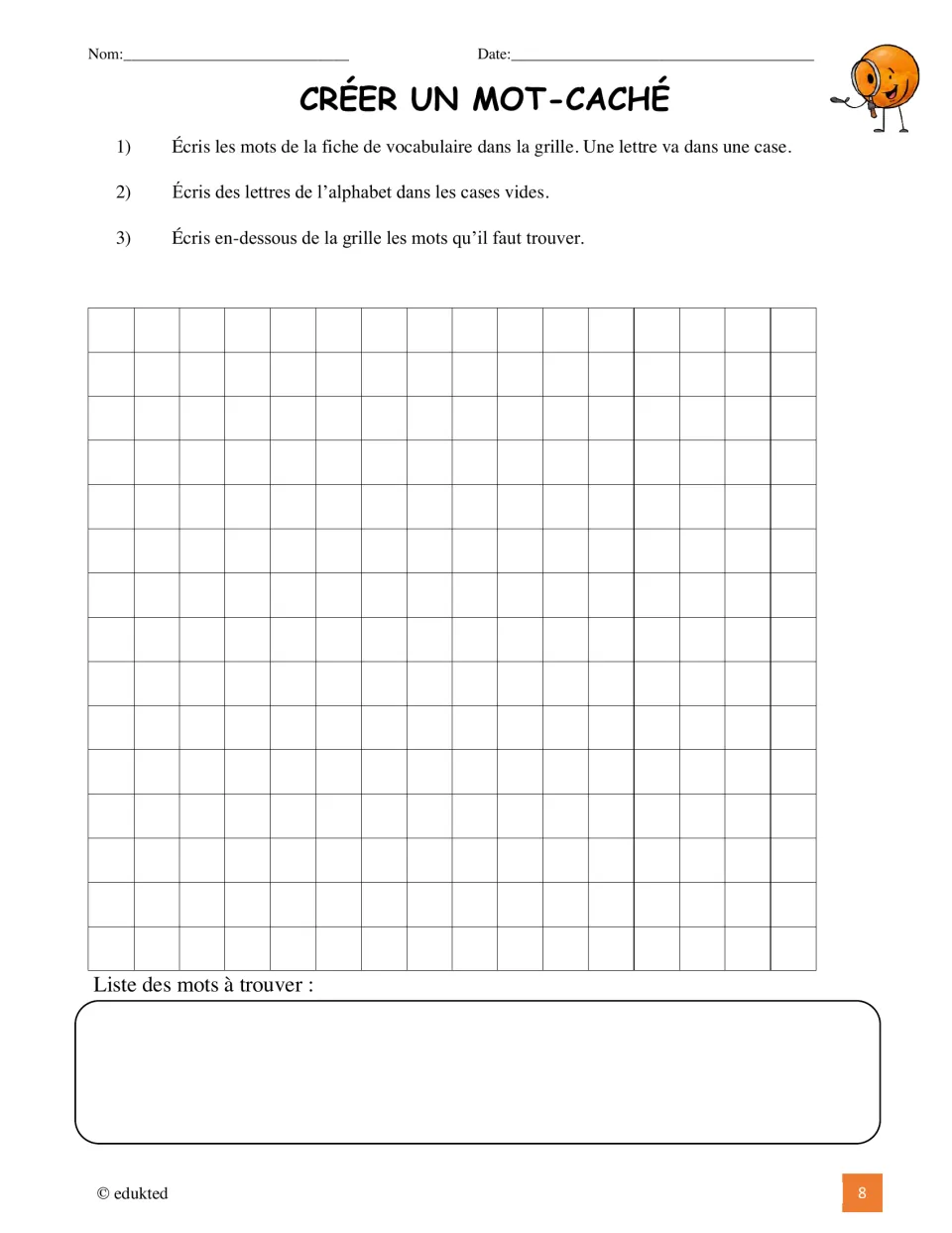 French word search creation activity asks students to place vocabulary words, add letters, and list words to find