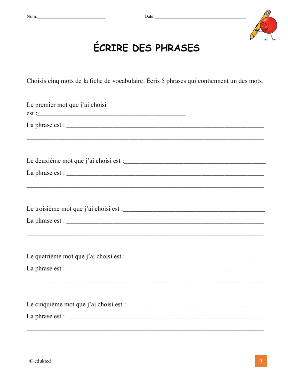 French sentence-writing activity asks students to choose five vocabulary words and write a sentence for each