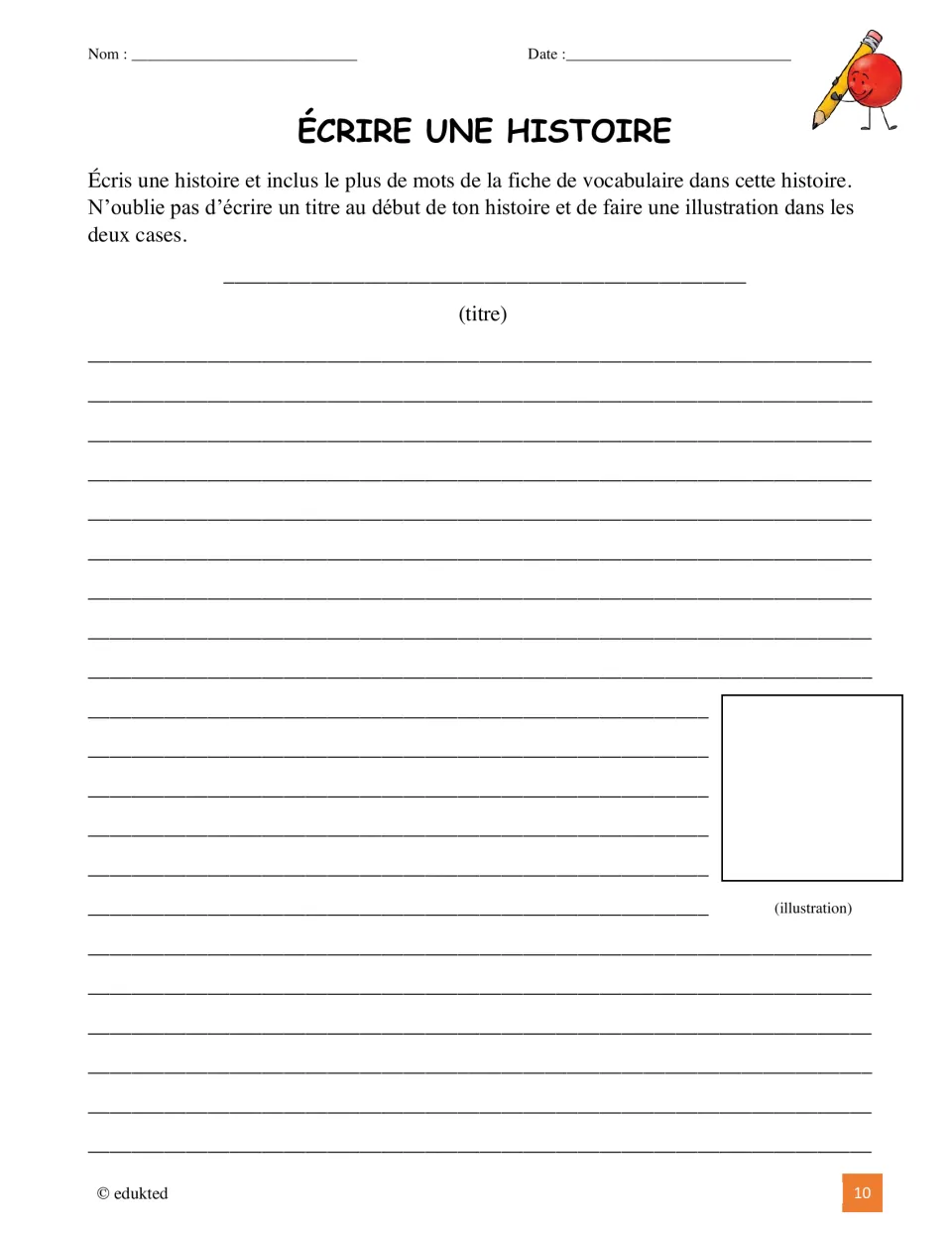 French story-writing activity asks students to use as many vocabulary words as possible and add a title and art