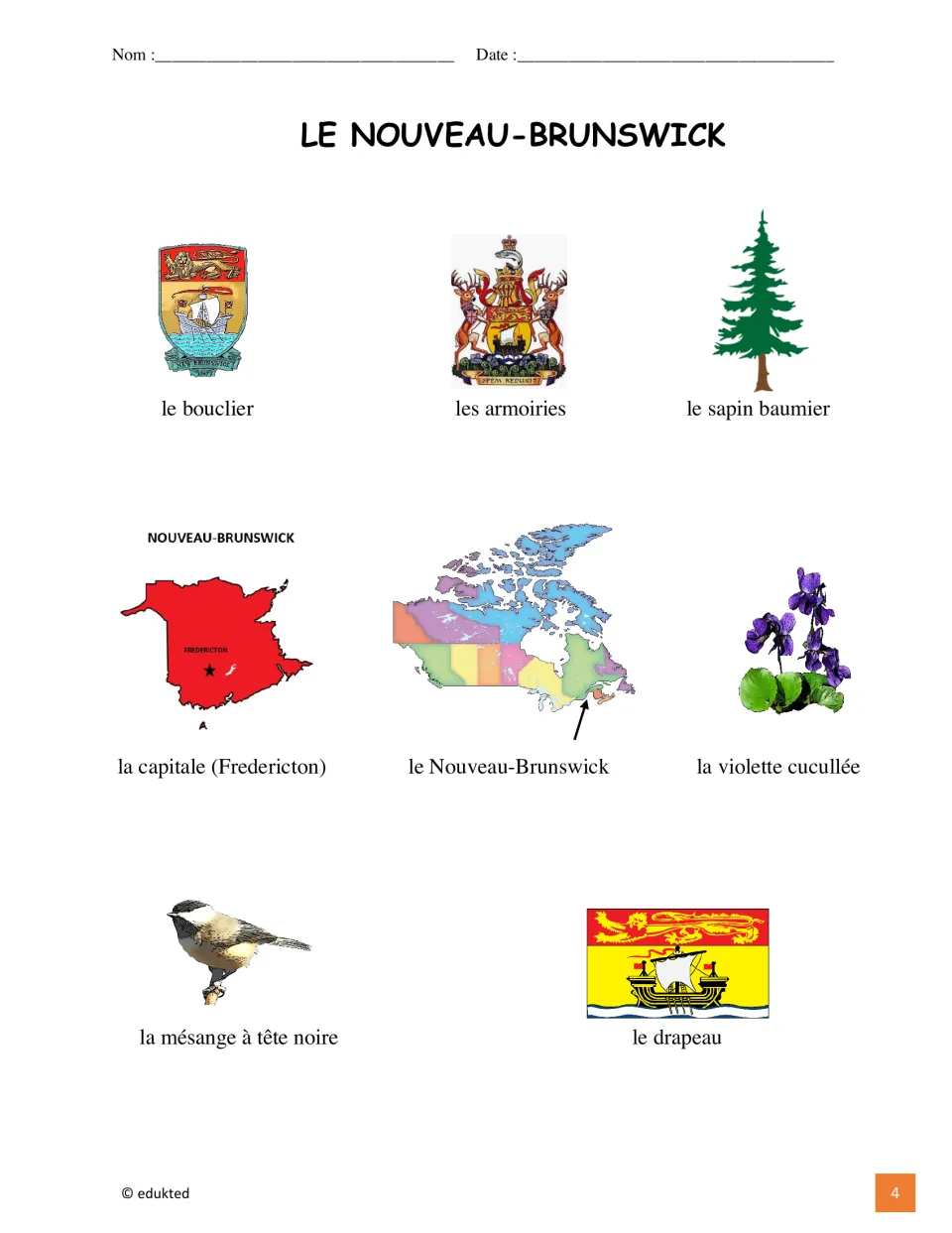 Illustrated French reference for eight New Brunswick terms, including le drapeau (flag) and le bouclier (shield)