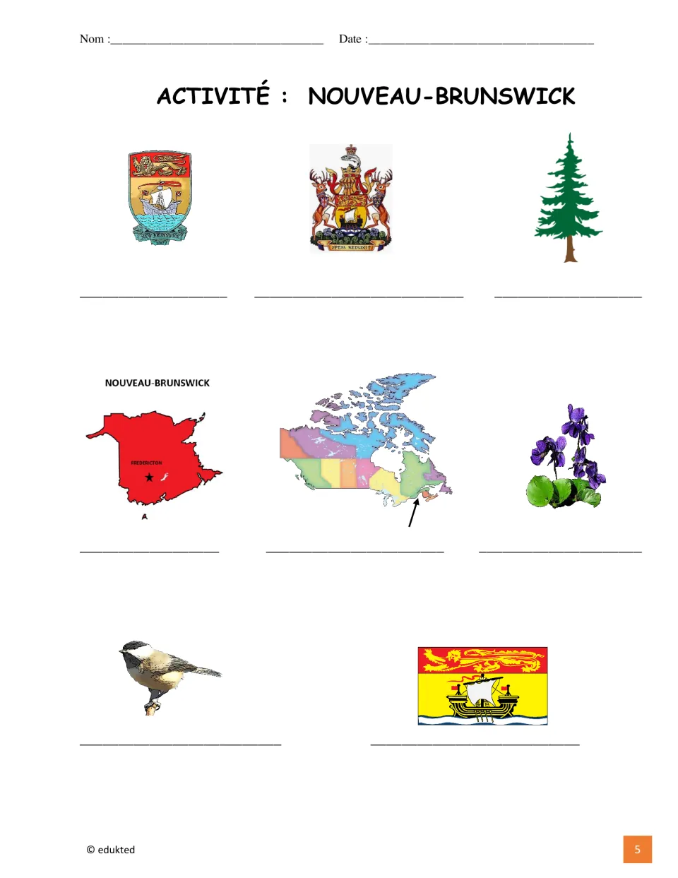 New Brunswick vocabulary labeling activity uses eight pictures, including the flag, coat of arms, and balsam fir