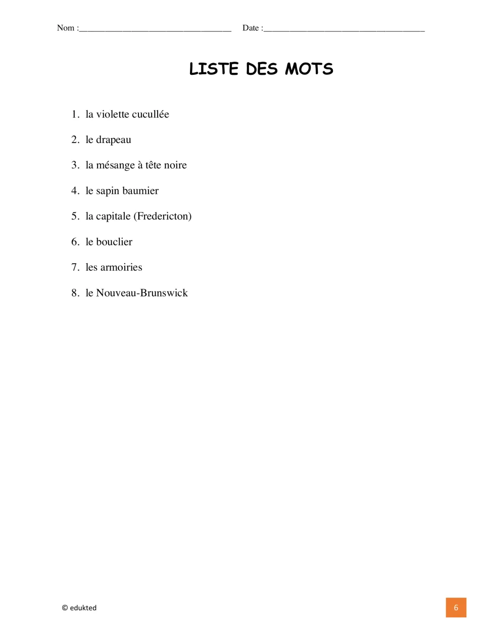 French vocabulary list of eight New Brunswick terms includes la violette cucullée (hooded violet) and le drapeau