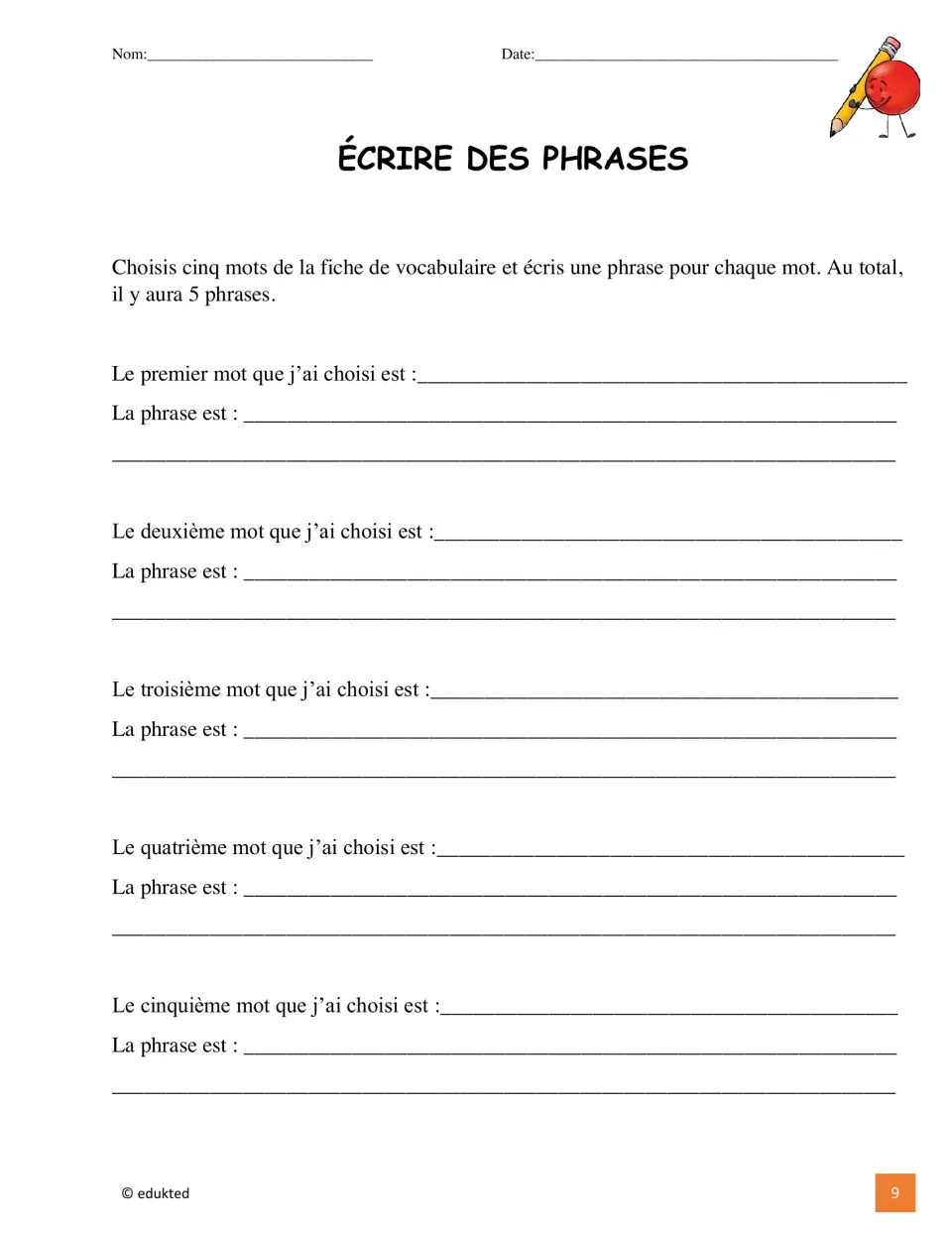 French sentence-writing activity asks students to choose five vocabulary words and write one sentence for each
