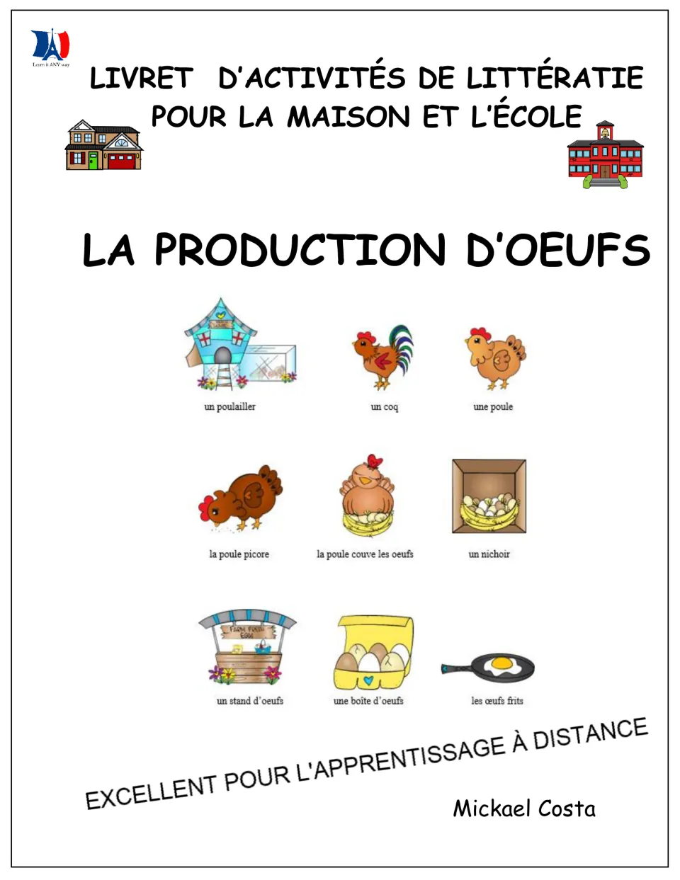 French egg-production literacy booklet cover showing nine vocabulary pictures and author Mickael Costa