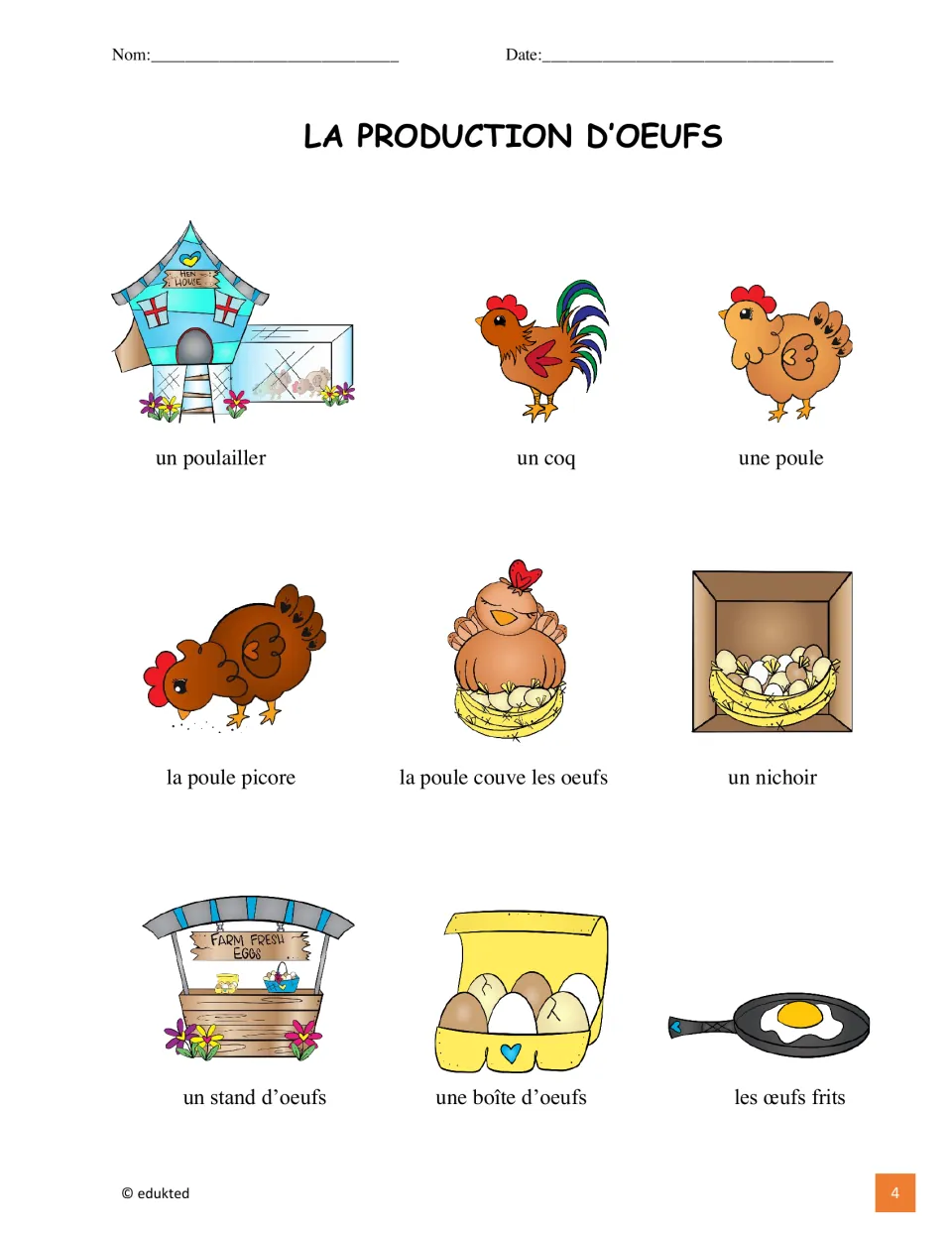Illustrated vocabulary reference: un coq (rooster), une poule (hen), un poulailler (coop), and six more