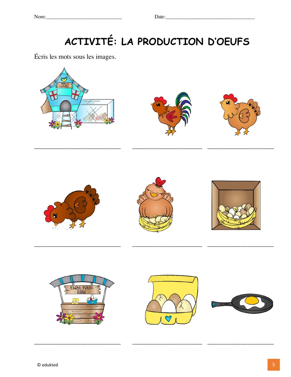 Egg-production labeling activity asks students to write French words beneath nine vocabulary pictures