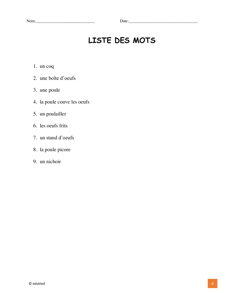 Nine-entry French vocabulary list includes un nichoir (nesting box) and une boîte d’œufs (egg carton)