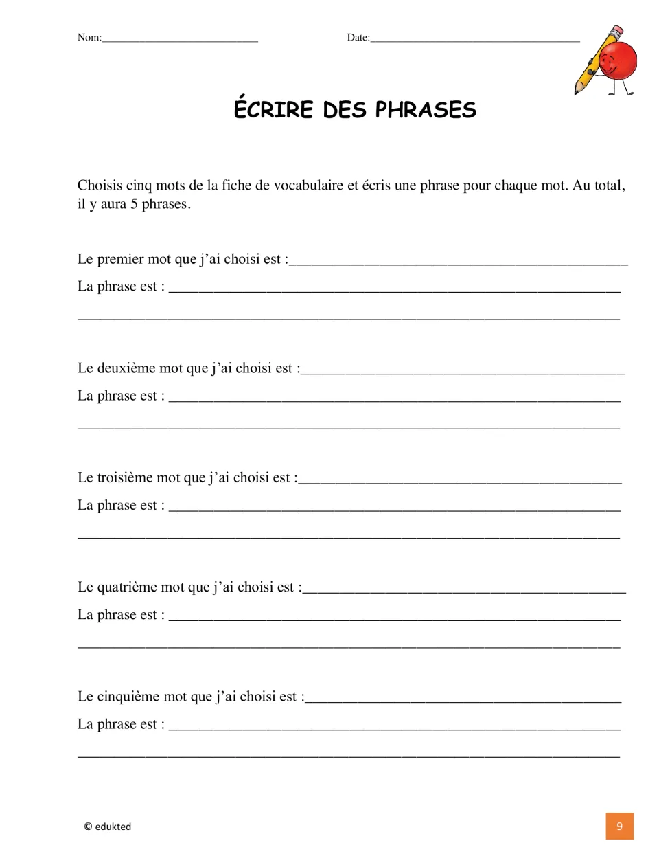 French sentence-writing activity asks students to choose five vocabulary words and write one sentence each