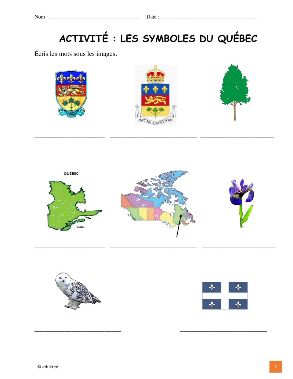Québec vocabulary activity asks students to label eight pictures, including the flag, snowy owl, and yellow birch