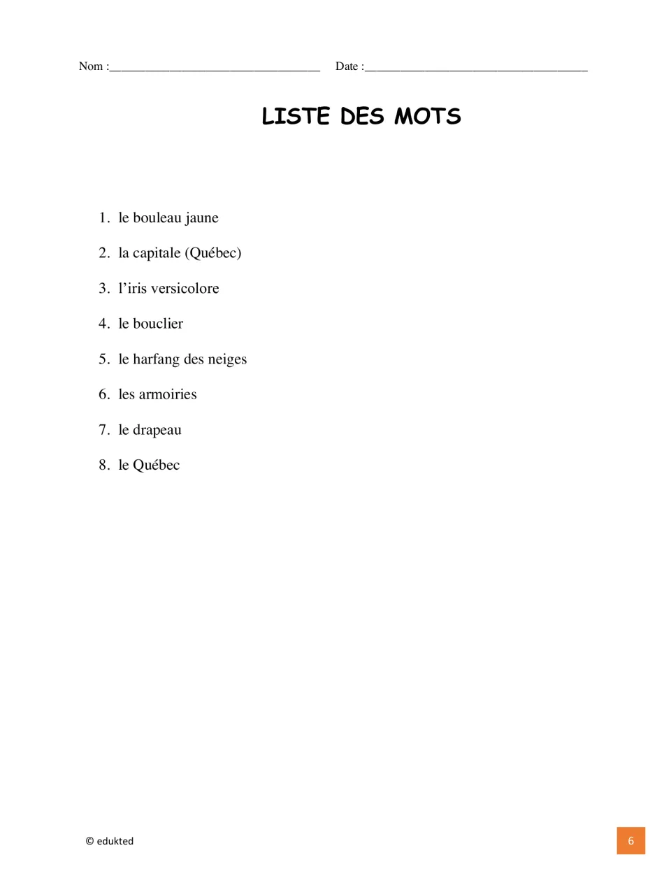 French vocabulary list gives eight Québec terms, including le bouclier (shield) and les armoiries (coat of arms)