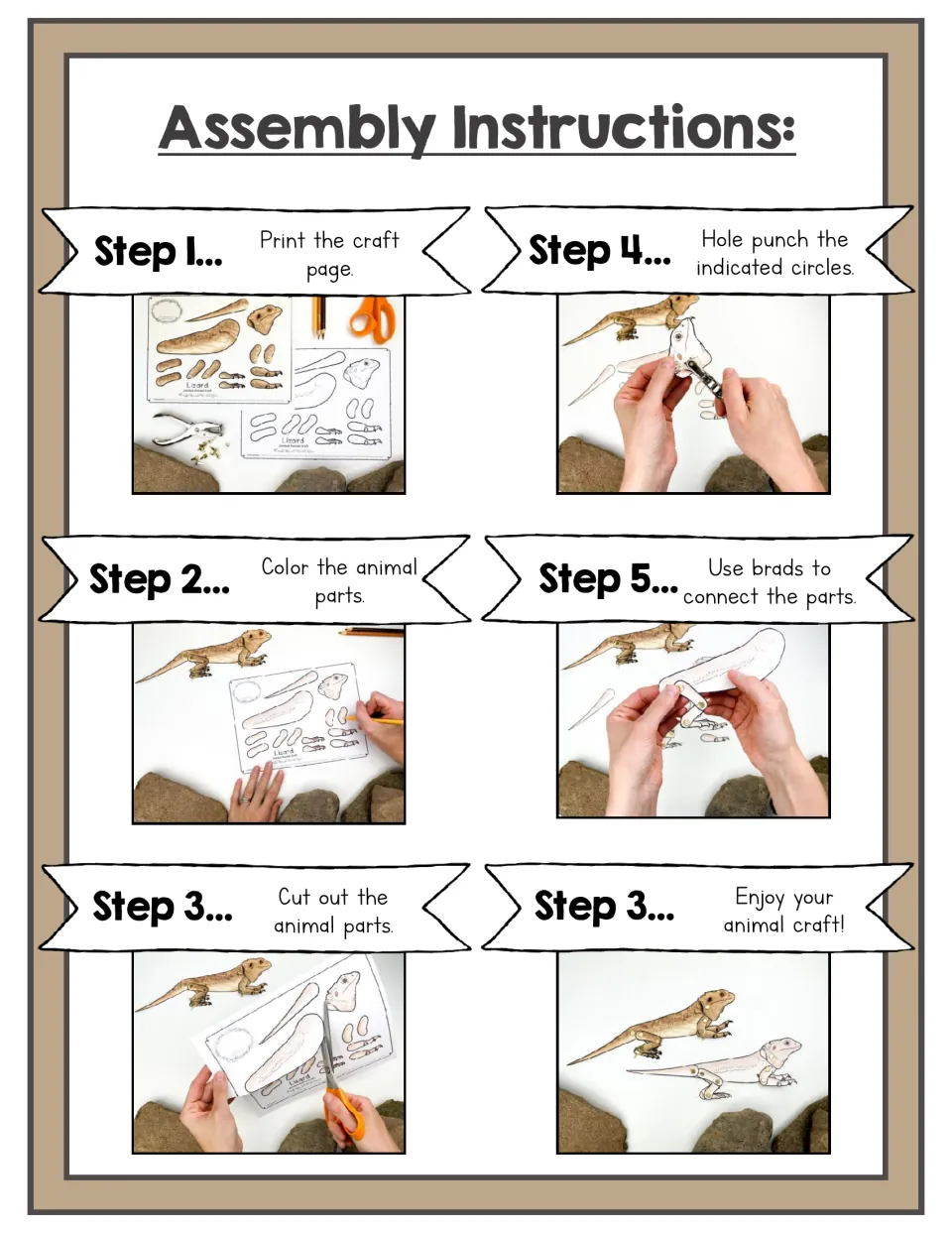 Photo assembly instructions for the lizard craft: print, color, cut, punch holes, and connect parts with brads