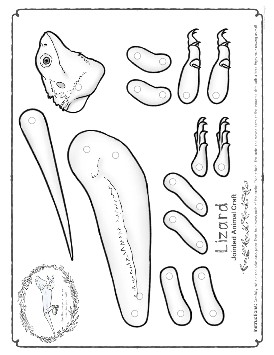 Black-and-white cutout template for the harder jointed lizard, with head, body, tail, and four legs to color