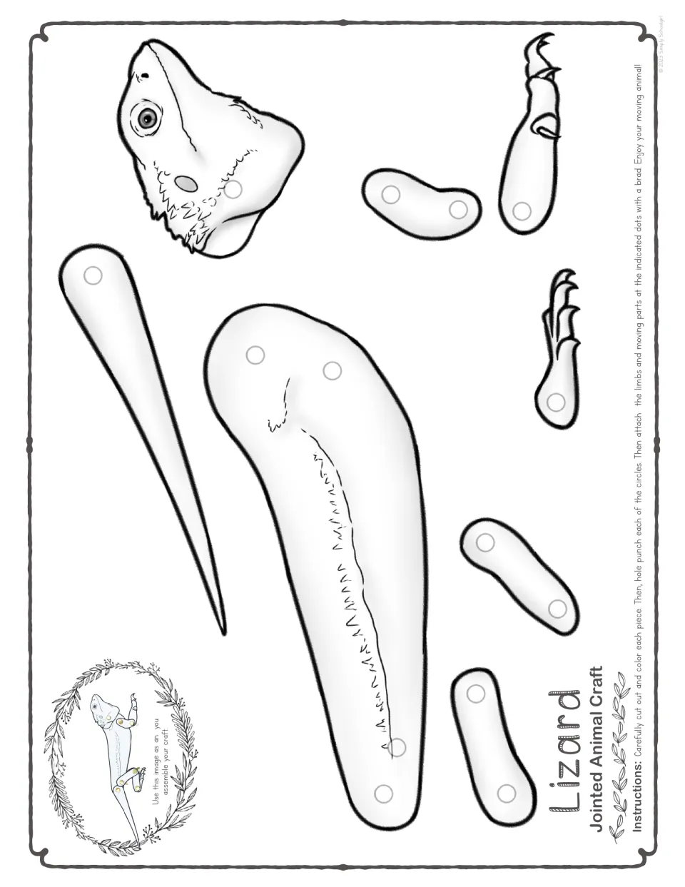 Black-and-white cutout template for the easier jointed lizard, with head, body, tail, and two legs to color