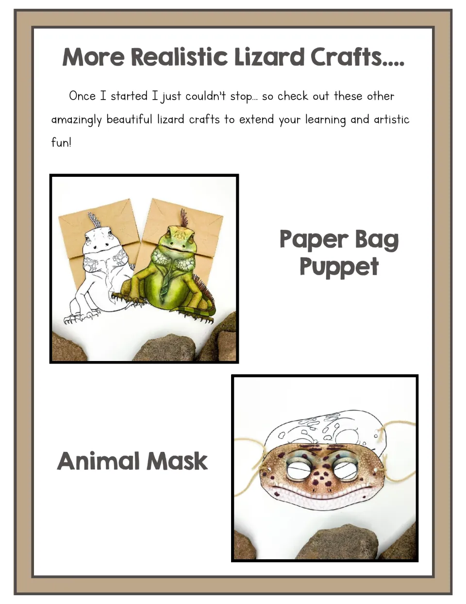Promotional page for other lizard crafts showing color and black-and-white paper bag puppets and animal masks