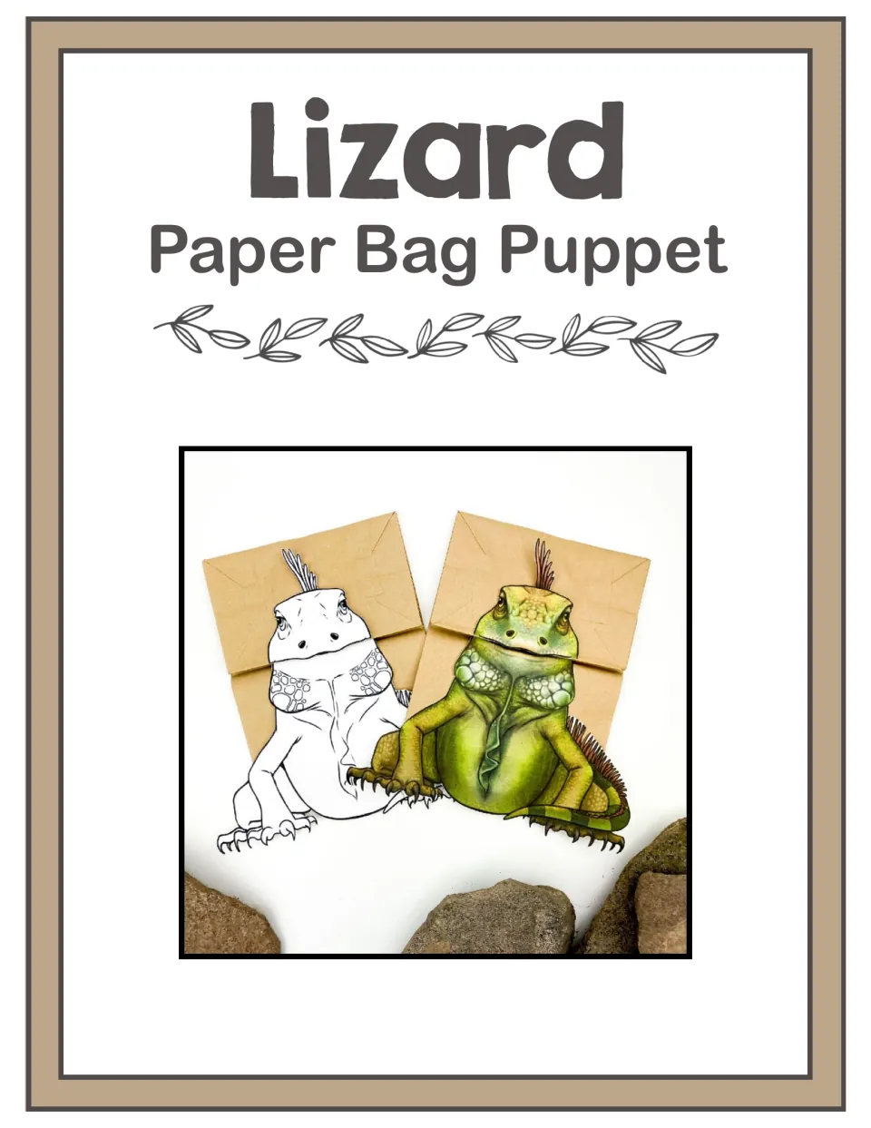 Lizard Paper Bag Puppet cover: photo of two finished iguana puppets on brown bags, one colored, one uncolored