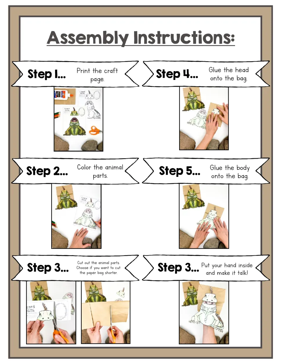 Assembly steps with photos: print, color and cut out lizard parts, glue head and body onto the bag, then make it talk