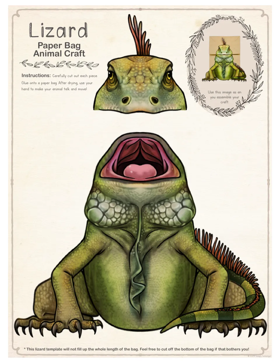 Full-color iguana template: students cut out the head and open-mouthed body pieces and glue them onto a paper bag