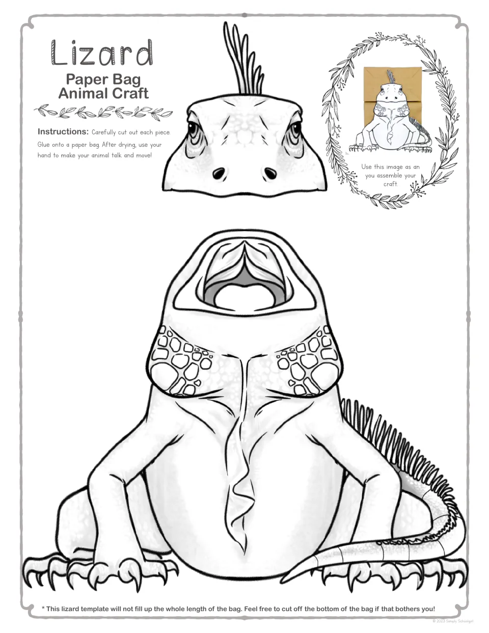 Black-and-white iguana template: students color and cut out the head and body pieces, then glue them onto a paper bag